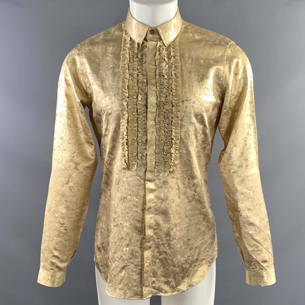 BURBERRY PRORSUM SS08 Gold Jacquard Silk Ruffle LS Shirt Size S